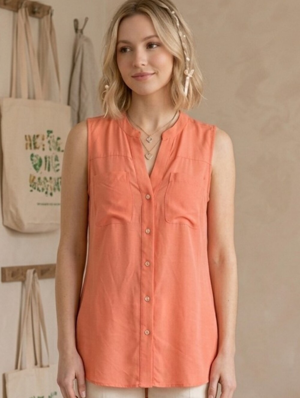 Max Studio 100% Silk Coral Sleeveless Button Down Blouse Luxury Core Small